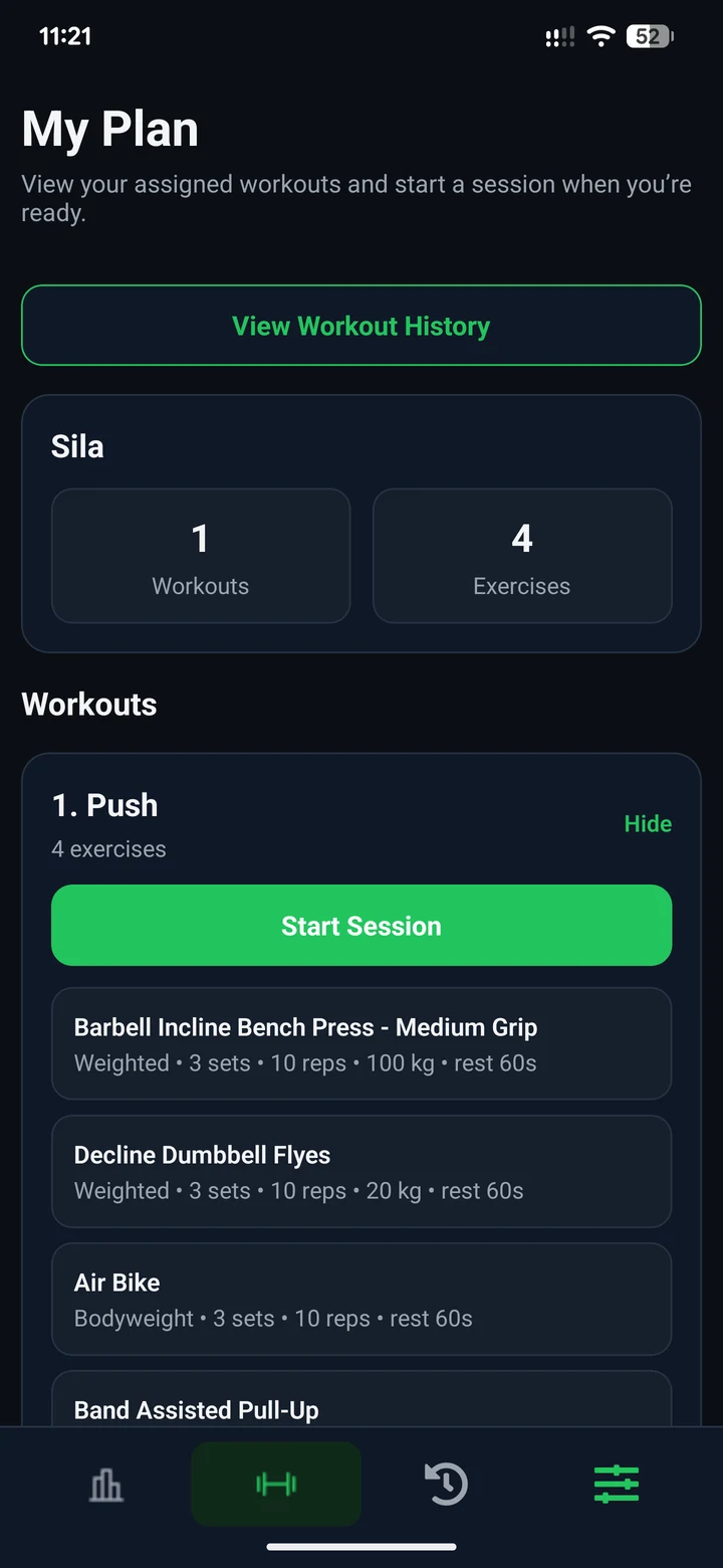 CoachBrag My Plan screen showing an assigned Push workout with exercises, sets, repetitions, weight and rest targets