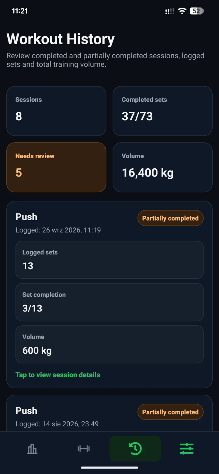 CoachBrag client workout history showing session counts, set completion, training volume and a partially completed Push workout