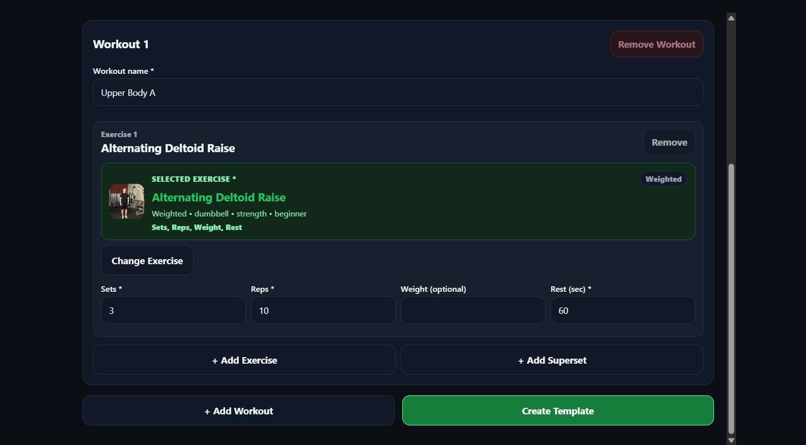 Trainer builder showing an exercise configured for 3 sets, 10 reps and 60 seconds of rest, with weight optional